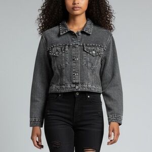 RM Rebecca Minkoff Cropped Studded Acid Wash Denim Jean Jacket Grunge Biker Punk